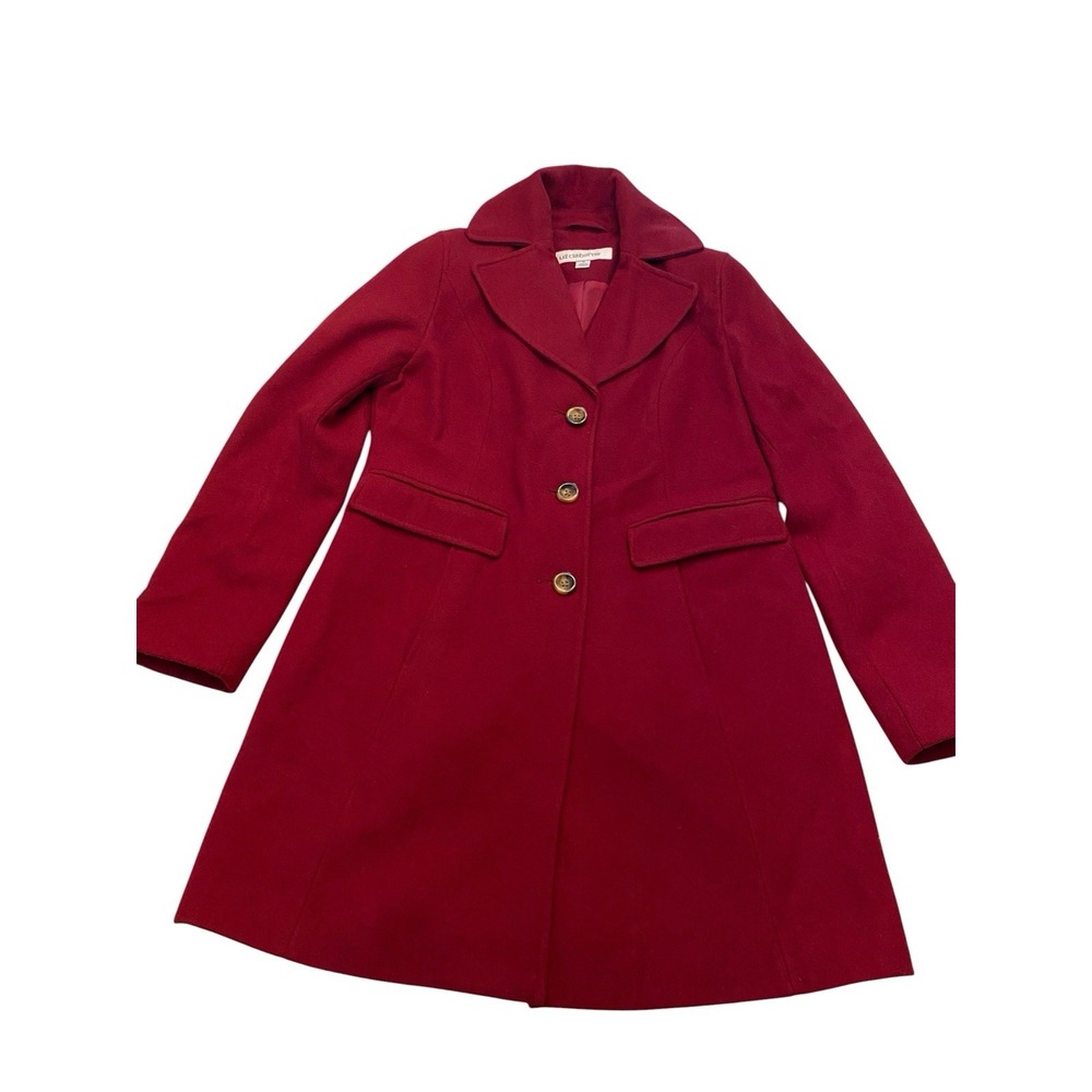 Liz Claiborne Women Medium Wool Blend Coat Red Burgundy Single Breasted Overcoat